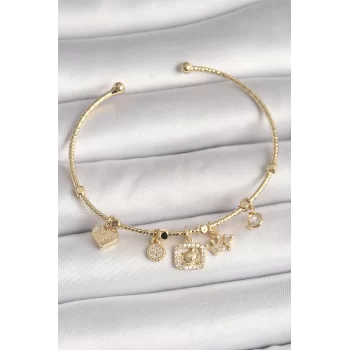 Pirinç Gold Renk Sallantı Zirkon Taşlı Ayıcık Figür Taç Detay Charm Kadın Bileklik