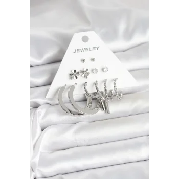 Pirinç Gümüş Renk 6 Çift Kadın Küpe Seti