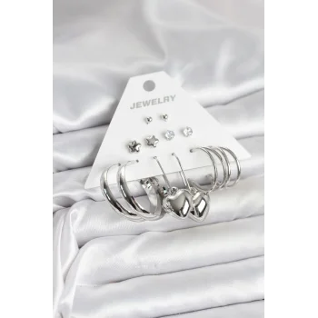 Pirinç Gümüş Renk 6 Çift Kadın Küpe Seti