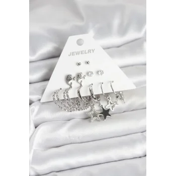 Pirinç Gümüş Renk 6lı Kadın Küpe Seti