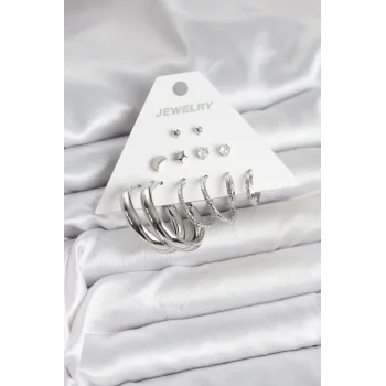 Pirinç Gümüş Renk Halka Modelli 6 Çift Kadın Küpe