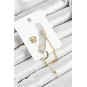Pirinç Halka Figürlü Zirkon Taşlı Gold Renk 3lü Kıkırdak Kadın Küpe Set