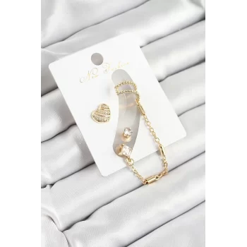 Pirinç Kalp Figürlü Zirkon Taşlı Gold Renk 3lü Kıkırdak Kadın Küpe Set