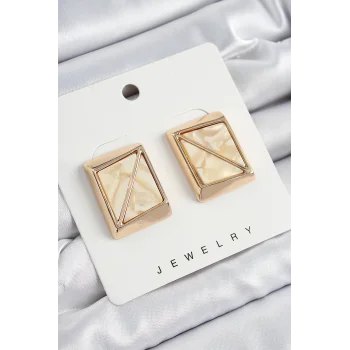 Pirinç Krem Üçgen Kesim Detaylı Kare Model Vintage Gold Renk Kadın Küpe
