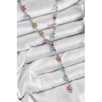 Pirinç Renkli Zirkon Taşlı Kelebek Model Gümüş Renk Kadın Y Kolye