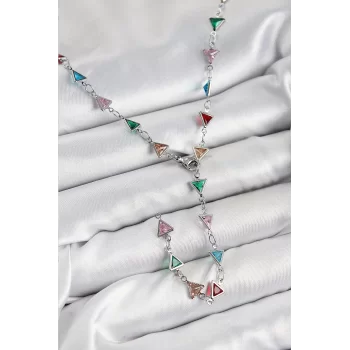 Pirinç Renkli Zirkon Taşlı Üçgen Model Gümüş Renk Kadın Y Kolye