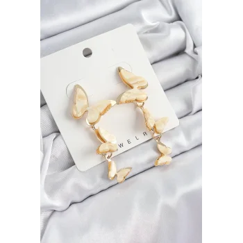 Pirinç Sedef Sallantılı Mermer Desenli Kelebek Model Gold Renk Vintage Kadın Küpe