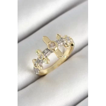 Pirinç Sıralı Çit Figürlü Zirkon Taşlı Gold Renk Ayarlanabilir Kadın Yüzük