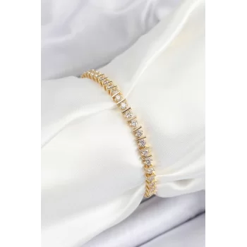 Pirinç Sıralı Çit Model Zirkon Taşlı Gold Renk VİP Seri Kadın Bileklik