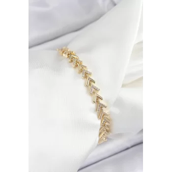 Pirinç Sıralı Ok Model Zirkon Taşlı Gold Renk VİP Seri Kadın Bileklik