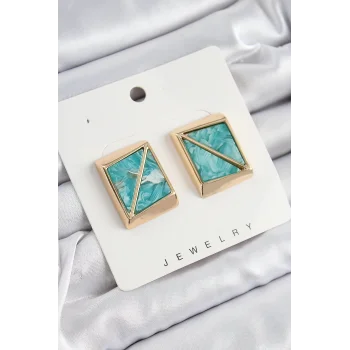 Pirinç Turkuaz Üçgen Kesim Detaylı Kare Model Vintage Gold Renk Kadın Küpe