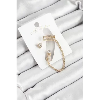 Pirinç Üçgen Figürlü Zirkon Taşlı Gold Renk 3lü Kıkırdak Kadın Küpe Set
