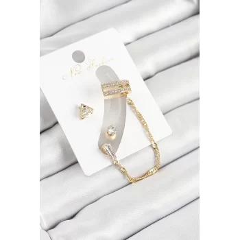 Pirinç Üçgen Figürlü Zirkon Taşlı Gold Renk 3lü Kıkırdak Kadın Küpe Set