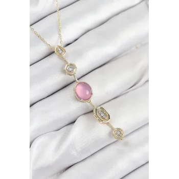Pirinç Zincir Pembe Gold Renk Zirkon Taşlı Y Kolye