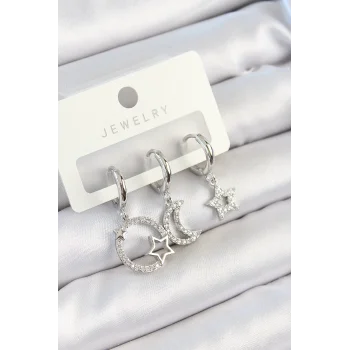 Pirinç Zirkon Taşlı Ay Ve Yıldız Model Gümüş Renk 3lü Çift Kadın Küpe Set