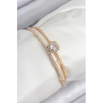 Pirinç Zirkon Taşlı Baget Model Gold Renk Kadın Bileklik