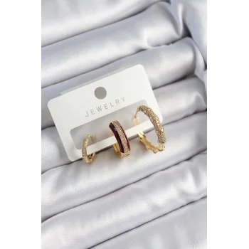 Pirinç Zirkon Taşlı Bordo Halka Model Gold Renk 3lü Çift Kadın Küpe Set