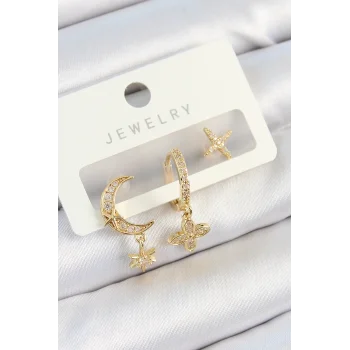 Pirinç Zirkon Taşlı Çiçek Ve Ay Model Gold Renk 3lü Çift Kadın Küpe Set