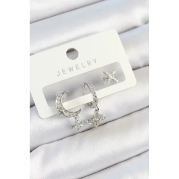 Pirinç Zirkon Taşlı Çiçek Ve Ay Model Gümüş Renk 3lü Çift Kadın Küpe Set