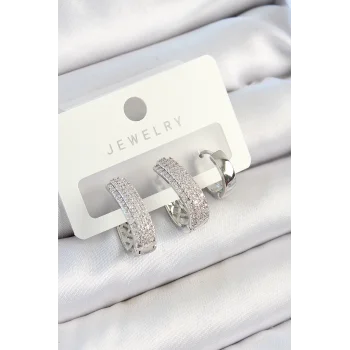 Pirinç Zirkon Taşlı Damla Model Gümüş Renk 3lü Çift Kadın Küpe Set