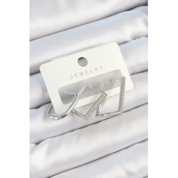 Pirinç Zirkon Taşlı Dikdörtgen Model Gümüş Renk 3lü Çift Kadın Küpe Set