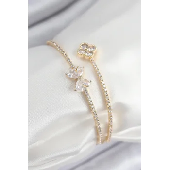 Pirinç Zirkon Taşlı Fiyonk Ve Yonca Model Gold Renk Kadın Bileklik
