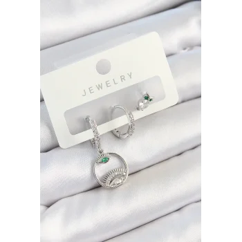 Pirinç Zirkon Taşlı Göz Ve Baykuş Model Gümüş Renk 3lü Çift Kadın Küpe Set