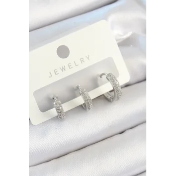 Pirinç Zirkon Taşlı Halka Model Gümüş Renk 3lü Çift Kadın Küpe Set