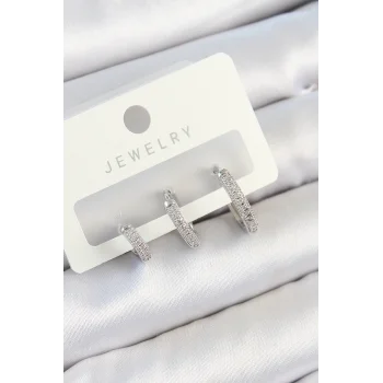 Pirinç Zirkon Taşlı Halka Model Gümüş Renk 3lü Çift Kadın Küpe Set