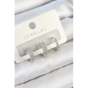 Pirinç Zirkon Taşlı Halka Model Gümüş Renk 3lü Çift Kadın Küpe Set