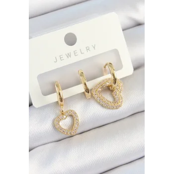 Pirinç Zirkon Taşlı Kalp Model Gold Renk 3lü Çift Kadın Küpe Set