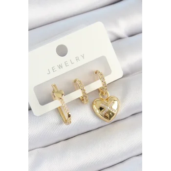Pirinç Zirkon Taşlı Kalp Model Gold Renk 3lü Çift Kadın Küpe Set