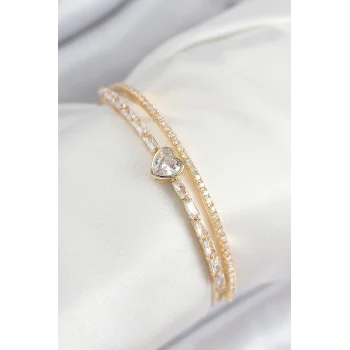 Pirinç Zirkon Taşlı Kalp Model Gold Renk Kadın Bileklik