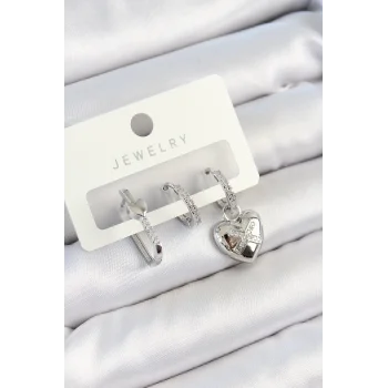 Pirinç Zirkon Taşlı Kalp Model Gümüş Renk 3lü Çift Kadın Küpe Set