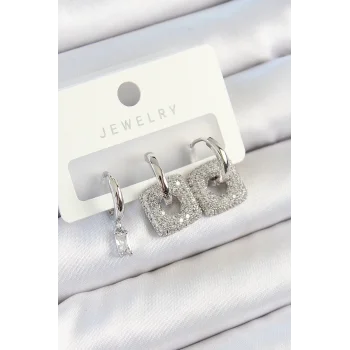 Pirinç Zirkon Taşlı Kare Model Gümüş Renk 3lü Çift Kadın Küpe Set