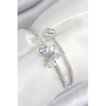 Pirinç Zirkon Taşlı Kelebek Ve Yonca Model Gümüş Renk Kadın Bileklik