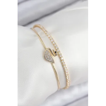 Pirinç Zirkon Taşlı Kuğu Model Gold Renk Kadın Bileklik