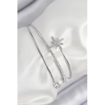 Pirinç Zirkon Taşlı Kutup Yıldızı Model Gümüş Renk Kadın Bileklik