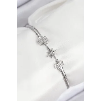 Pirinç Zirkon Taşlı Kutup Yıldızı Model Gümüş Renk Kadın Bileklik