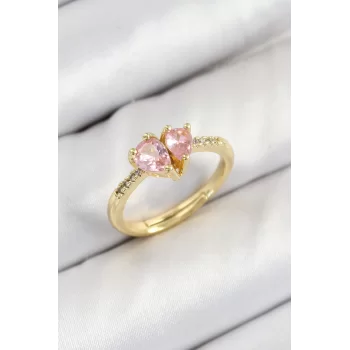 Pirinç Zirkon Taşlı Pembe Kalp Model Gold Renk Kadın Yüzük