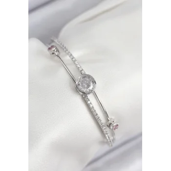 Pirinç Zirkon Taşlı Pırlanta Model Gümüş Renk Kadın Bileklik