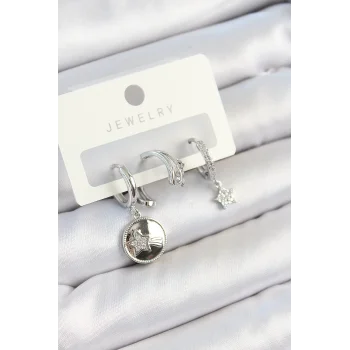 Pirinç Zirkon Taşlı Sallantılı Yıldız Model Gümüş Renk 3lü Çift Kadın Küpe Set