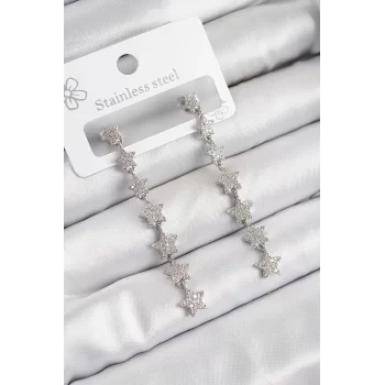 Pirinç Zirkon Taşlı Sallantılı Yıldız Model Gümüş Renk Kadın Küpe