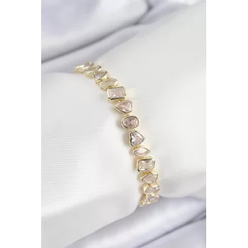 Pirinç Zirkon Taşlı Sıralı Damla Kalp Ve Dikdörtgen Model Gold Renk Kadın Bileklik