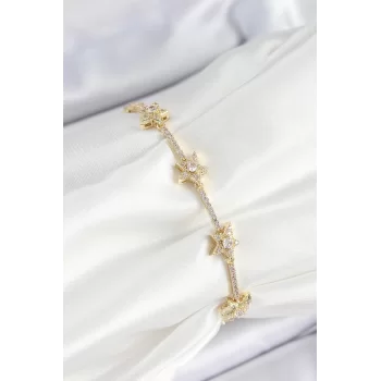 Pirinç Zirkon Taşlı Sıralı Yıldız Model Gold Renk Kadın Bileklik