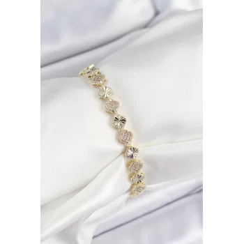Pirinç Zirkon Taşlı Sıralı Yonca Model Gold Renk Kadın Bileklik