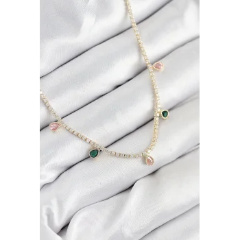 Pirinç Zirkon Taşlı Su Yolu Damla Model Gold Renk Kadın Kolye