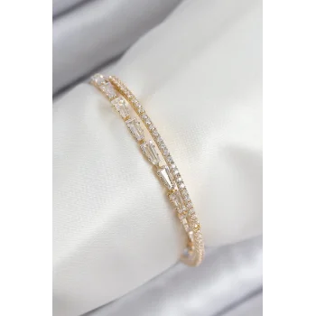 Pirinç Zirkon Taşlı Su Yolu Model Gold Renk Kadın Bileklik
