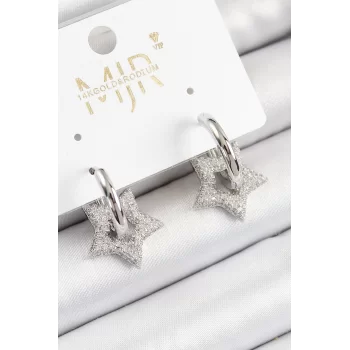 Pirinç Zirkon Taşlı Yıldız Figürlü Halka Model Gümüş Renk Kadın Küpe