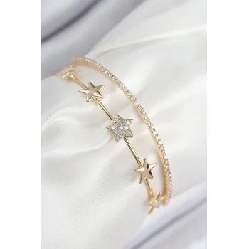 Pirinç Zirkon Taşlı Yıldız Model Gold Renk Kadın Bileklik
